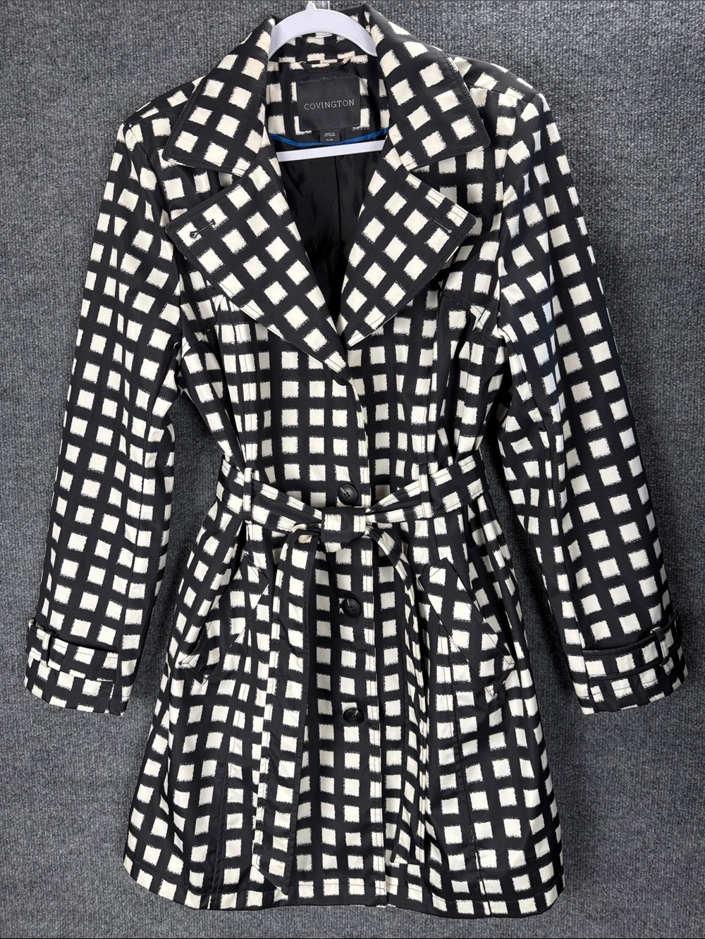 Covington Black & White Windowpane Belted Trench Coat Size XL Beautiful!